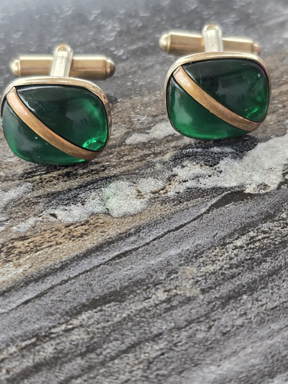 Mens Cuff Links Antique Green Glass and Gold Accent